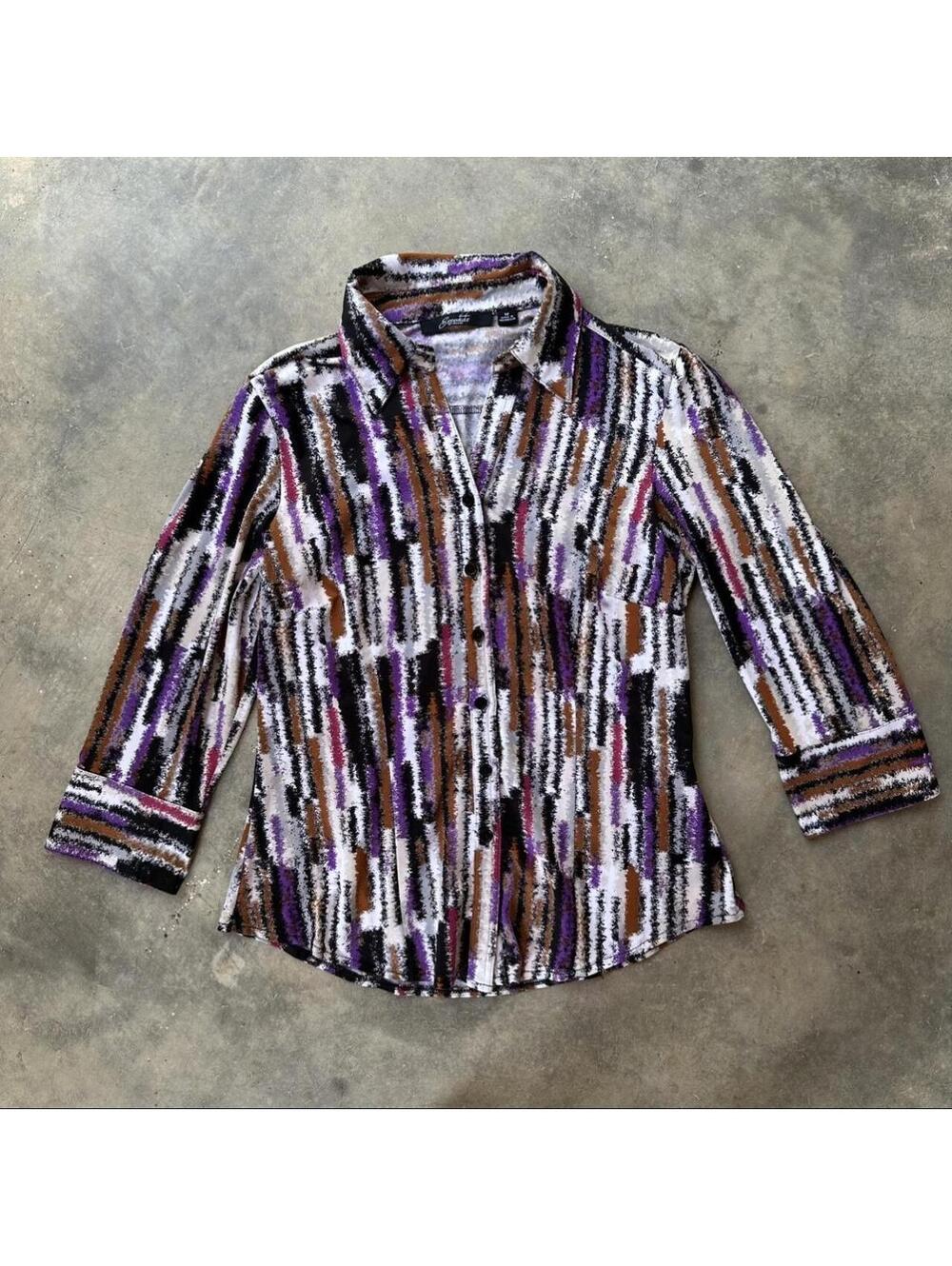 Essentials by Milano purple, brown, and white vertical striped button-up blouse